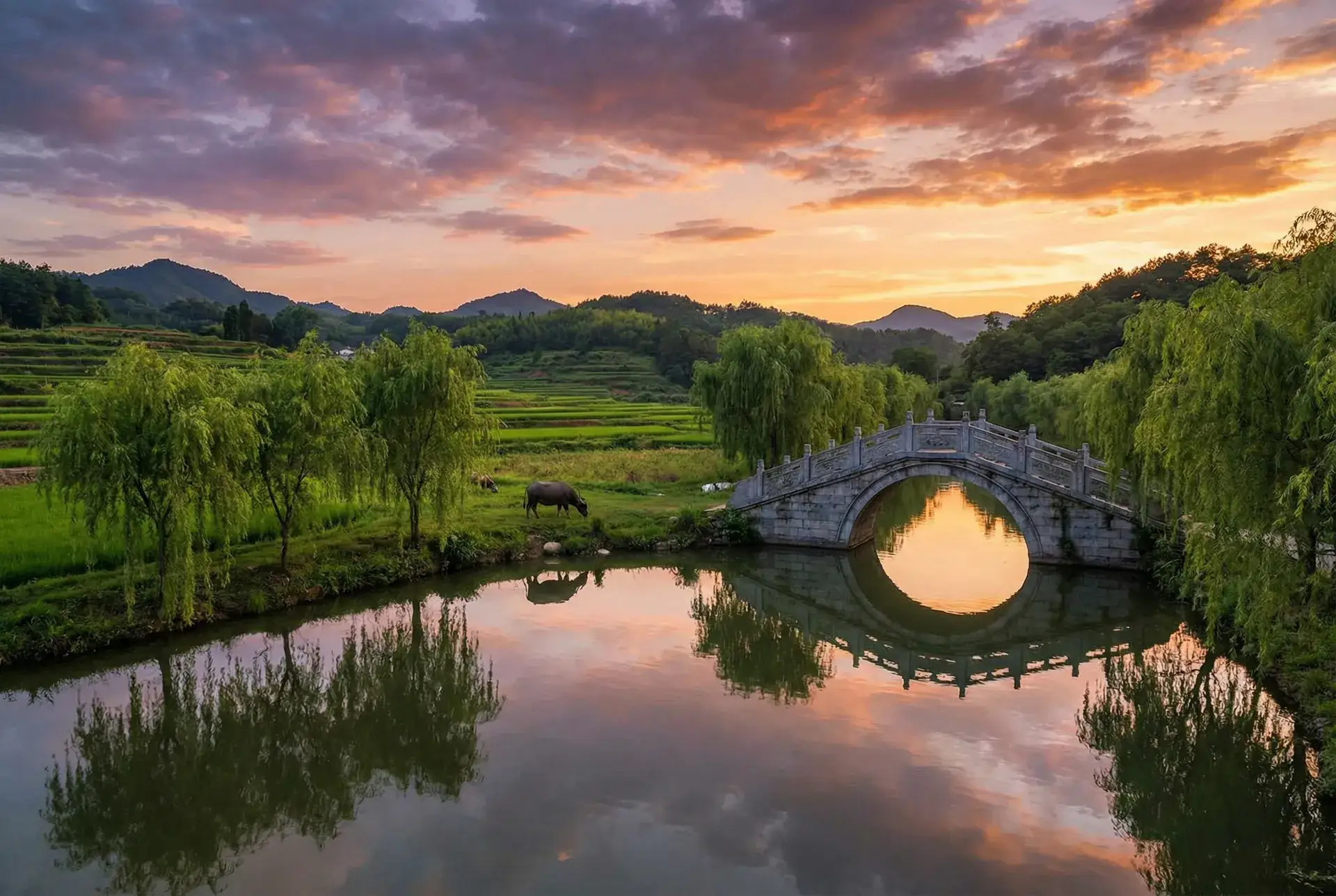 夕阳下的石拱桥与垂柳，水牛在河边吃草 - 吉泽明子 乡村美景