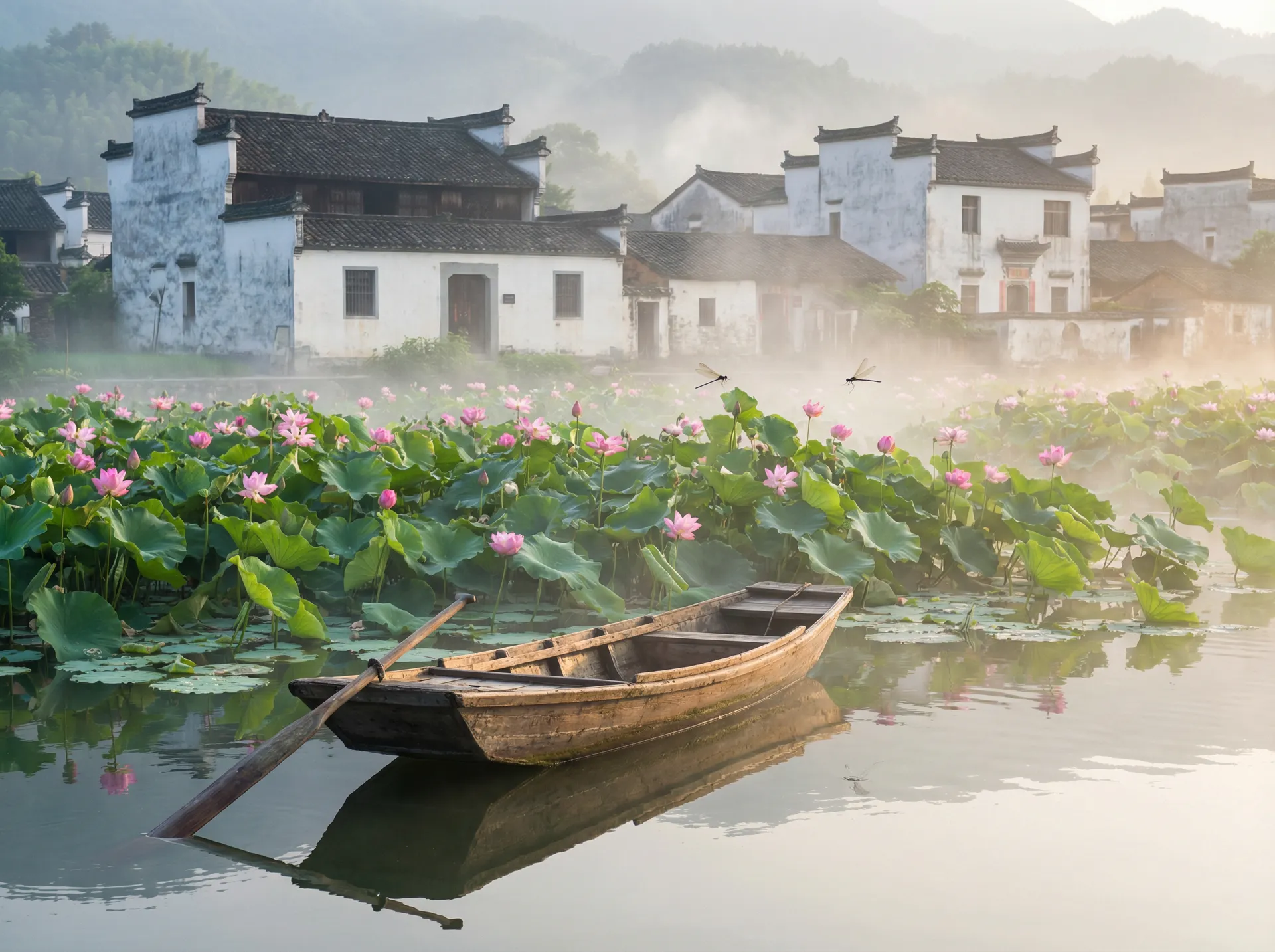 清晨荷塘小舟，粉色荷花盛开，白墙黑瓦的村庄 - 吉泽明子 水乡风情